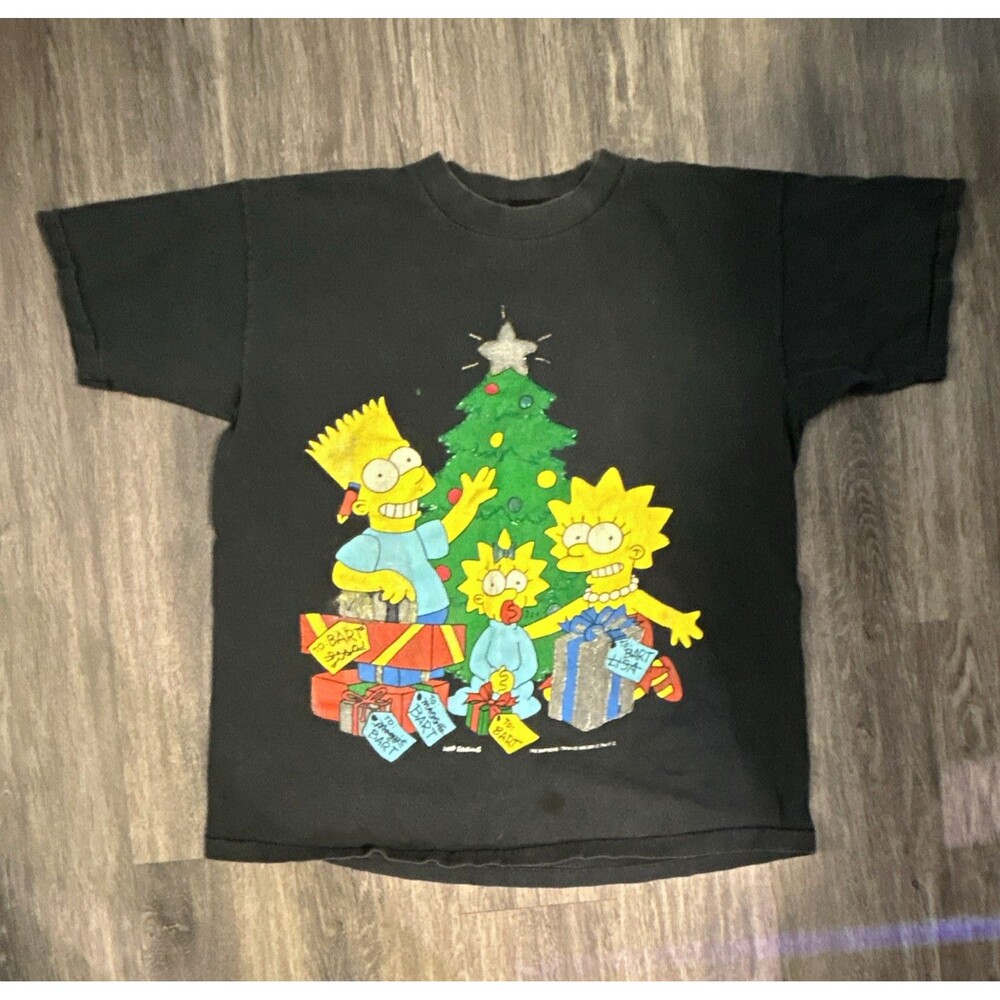 Vintage The Simpsons Christmas Graphic Kids Unisex Black Tee 1990 Size Large?